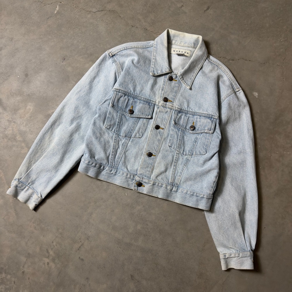 Vintage Merona Denim Jacket Women Medium Light Blue Rose Graphic 90s Boho Retro